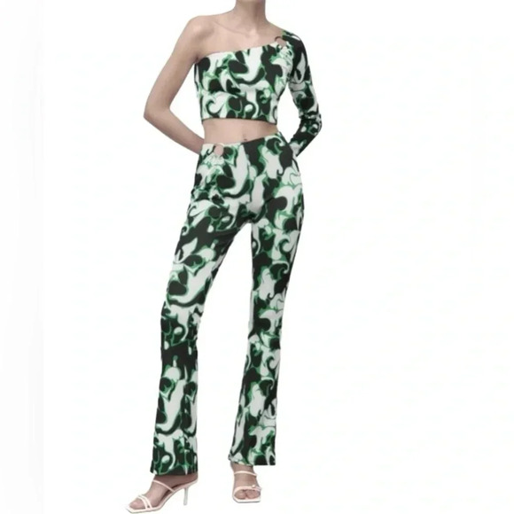 Zara Jacquard Asymmetrical one arm Top & wide leg pants set Size M 70s Retro NWT - Picture 1 of 16